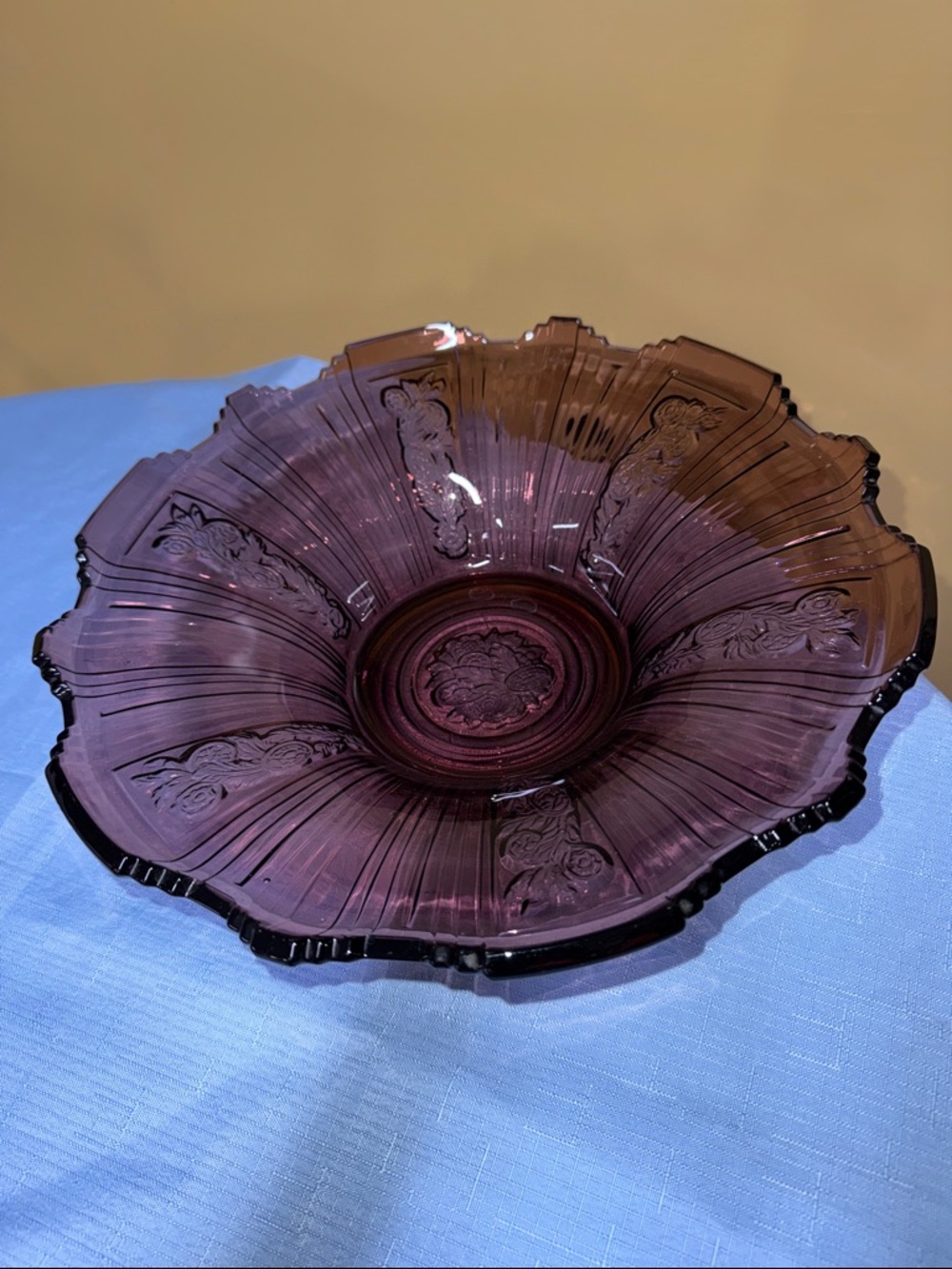 Amethyst glass bowl embossed floral pattern scalloped edge 13” diameter